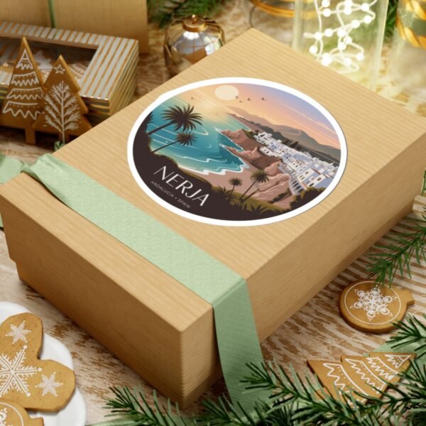 Nerja Spain Sticker - Pixel Art Coastal Sunset Design | Andalucía Travel Vinyl Decal for Laptop, Journal & Water Bottle
