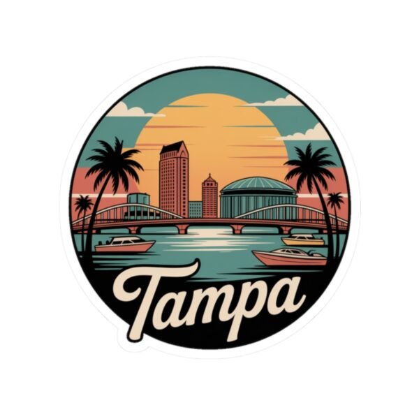 Tampa Florida Retro Sticker - Vintage Sunset City Skyline with Bridge, Boats & Palms - Florida Travel Decal, Souvenir and Gift