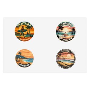 Ventura California Sticker Pack - Set of 4 Retro Coastal Travel Decals, Vintage Surf & Sunset Souvenir Stickers