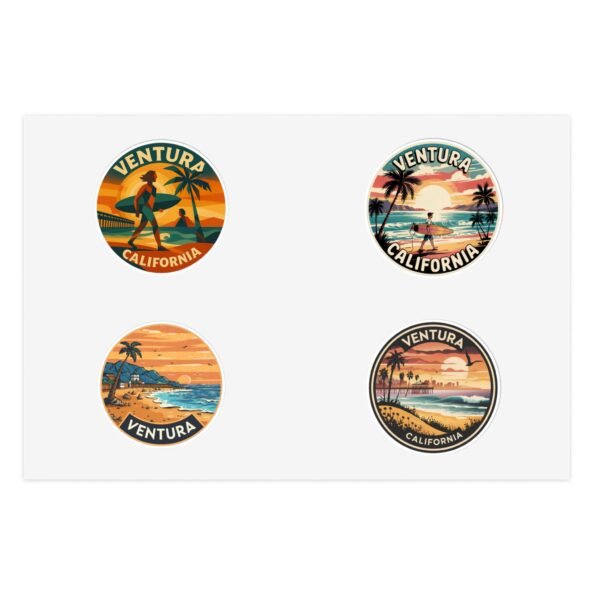 Ventura California Sticker Pack - Set of 4 Retro Coastal Travel Decals, Vintage Surf & Sunset Souvenir Stickers
