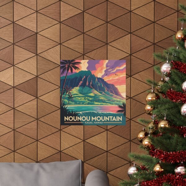Nounou Mountain Kapaa Hawaii Poster - Retro Travel Wall Art Print of Sleeping Giant - Vintage Coastal Sunset Landscape Decor