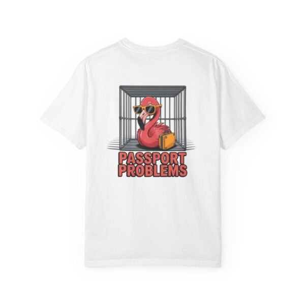 Funny Flamingo T-Shirt - Passport Problems Graphic Tee, Travel Humor Front & Back Print Shirt, Quirky Bird Streetwear Gift