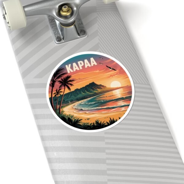Kapaa Hawaii Sticker - Retro Coastal Sunset Art with Nounou Mountain & Coconut Coast - Tropical Travel Souvenir Decal