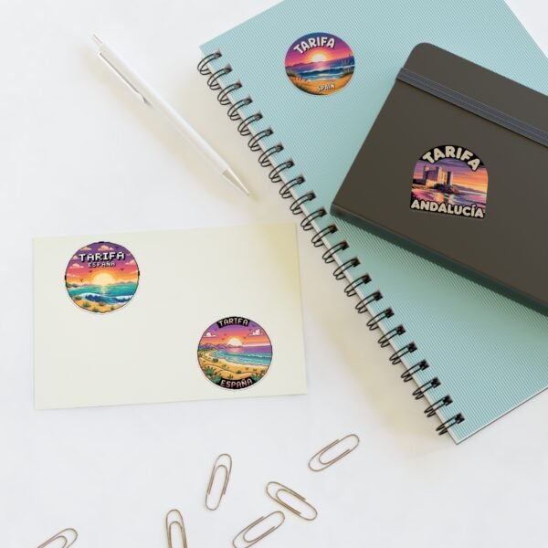 Tarifa España Sticker Pack - Retro & Pixel Art Travel Badge Set of 4, Sunset Beach Coastal Stickers, Andalusia Spain Souvenir