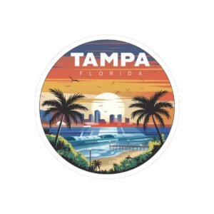 Tampa Florida Sticker - Retro Coastal Sunset with Palm Trees, City Skyline, Ocean Waves & Pier | Vintage Travel Beach Art