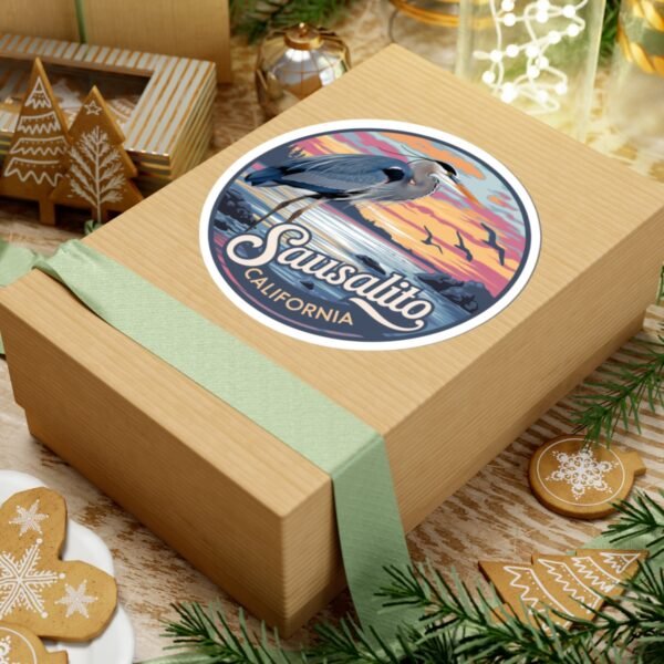 Sausalito California Sticker - Coastal Sunset with Heron Design, Retro Vinyl Decal, Unique Bay Area Souvenir, Travel Gift Waterproof