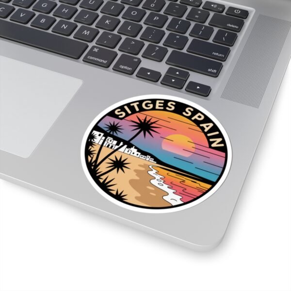 Sitges Spain Sticker - Retro Sunset Beach Vinyl Decal with Palm Trees and Mediterranean Coastline Travel Art Souvenir