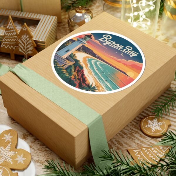 13116247802692128392_1200.jpeg Byron Bay Australia Sticker - Retro Lighthouse Coastal Sunset with Surfers, Ocean Waves & Tropical Beach - Vintage Travel Art