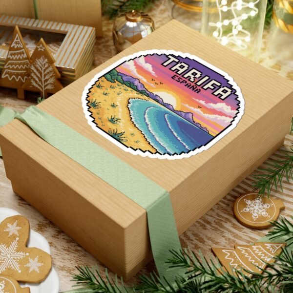 Tarifa España Sticker - Pixel Art Sunset Beach Scene, Retro Coastal Travel Badge Vinyl Decal for Laptop, Water Bottle