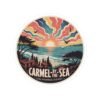 Carmel-by-the-Sea Sticker - California Coast Sunset Art, Retro Coastal Design with Sailboat and Seagulls, Vintage Round Travel Souvenir