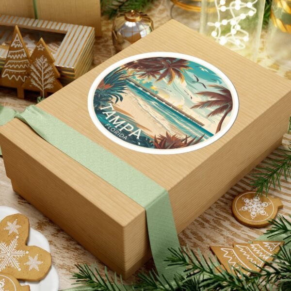 Tampa Florida Sticker - Vintage Coastal Pier Sunset Design with Palm Trees, Seagulls and Ocean Waves - Retro Travel Beach Souvenir