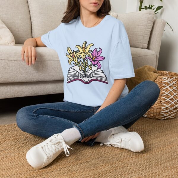 Book and Flowers T-Shirt - Yellow and Purple Lilies Design, Literary Botanical Art Tee, Unisex Gift for Readers and Nature Lovers