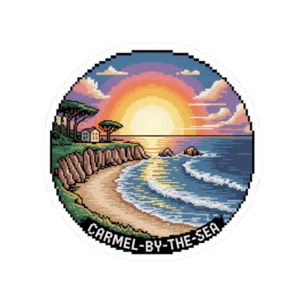 Carmel-by-the-Sea Sticker - Pixel Art Sunset Ocean Waves and Cliffside Scene - Retro 8-Bit California Coastal Travel Souvenir Decal