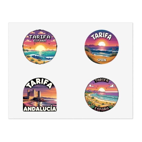 Tarifa España Sticker Pack - Retro & Pixel Art Travel Badge Set of 4, Sunset Beach Coastal Stickers, Andalusia Spain Souvenir