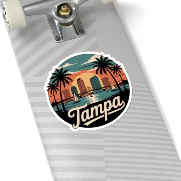 Tampa Florida Sticker - Retro Circular Skyline with Dome, Bridge & Palm Trees - Vintage Coastal Travel Souvenir Decal for Water Bottles
