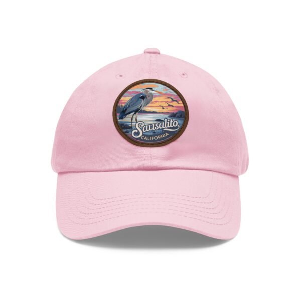 Sausalito California Hat - Leather Patch Cap with Heron & Coastal Sunset, Retro Bay Area Souvenir, Unique Travel Gift Dad Hat
