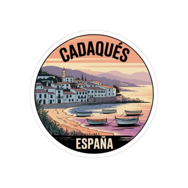 Cadaqués España Round Sticker - Sunset Coastal Vinyl Decal, Travel Souvenir, Mediterranean Village Boats, Retro Art Print