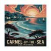 Carmel-by-the-Sea Poster - Retro California Coast Wall Art, Sunset Ocean View, Travel Print, Coastal Decor, Vintage Style Illustration