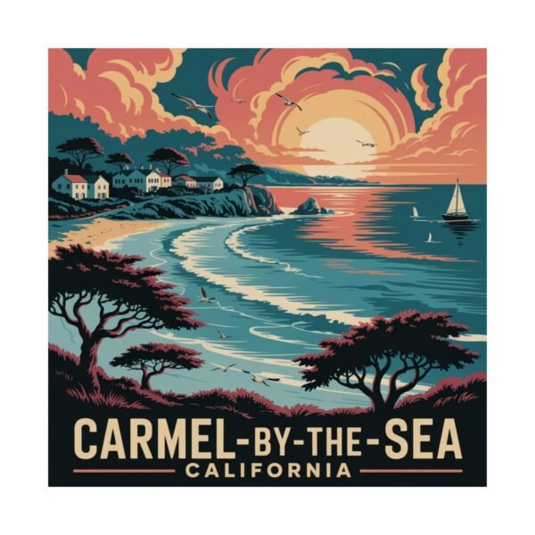 Carmel-by-the-Sea Poster - Retro California Coast Wall Art, Sunset Ocean View, Travel Print, Coastal Decor, Vintage Style Illustration