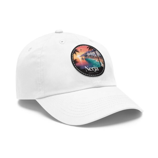 Nerja Spain Hat - Leather Patch Cap with Coastal Sunset Design | Andalucía Beachwear Gift for Travelers & Dreamers