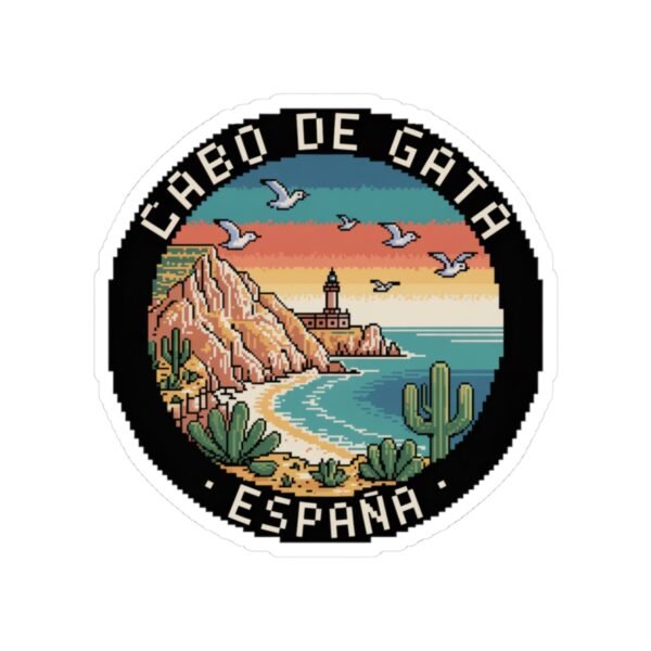 Cabo de Gata Spain Sticker - Retro Pixel Art Travel Badge with Lighthouse, Cliffs & Cactus - Vintage Coastal Souvenir Decal