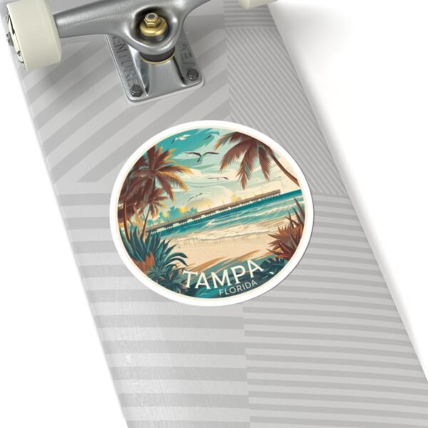 Tampa Florida Sticker - Vintage Coastal Pier Sunset Design with Palm Trees, Seagulls and Ocean Waves - Retro Travel Beach Souvenir