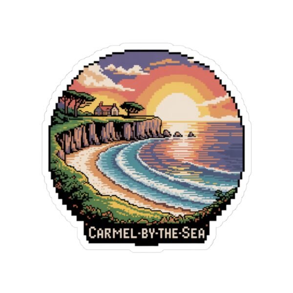 Carmel-by-the-Sea Sticker - Pixel Art Sunset Beach Cliffside and Ocean Waves Design - Retro California Coastal Travel Souvenir Decal