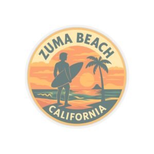 Zuma Beach, California - Vintage Sunset Emblem Sticker | Surf Design, Travel Souvenir, Coastal Vibes