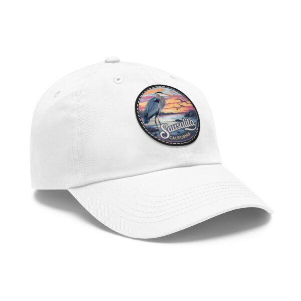 Sausalito California Hat - Leather Patch Cap with Heron & Coastal Sunset, Retro Bay Area Souvenir, Unique Travel Gift Dad Hat