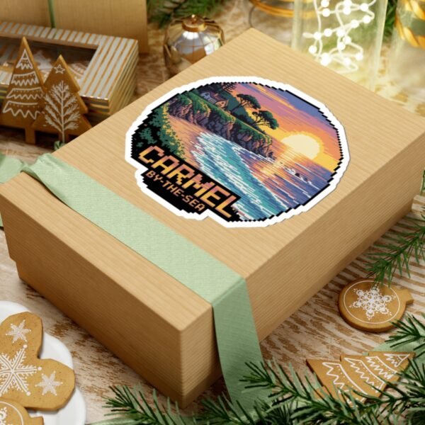13914051821067795091_1200.jpeg Carmel-by-the-Sea Sticker - Pixel Art Sunset Beach Cliff and Ocean Waves Design - Retro 8-Bit California Coastal Travel Souvenir Decal