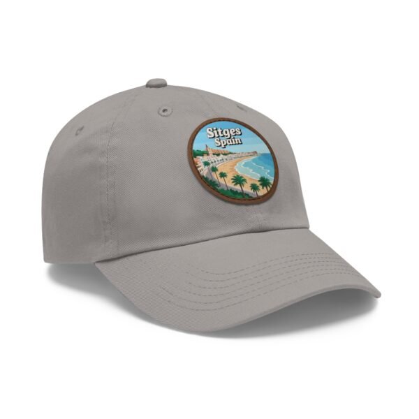 Sitges Spain Hat - Vintage Leather Patch Dad Cap with Coastal Beachfront Design, Adjustable Strapback, Travel Souvenir Gift