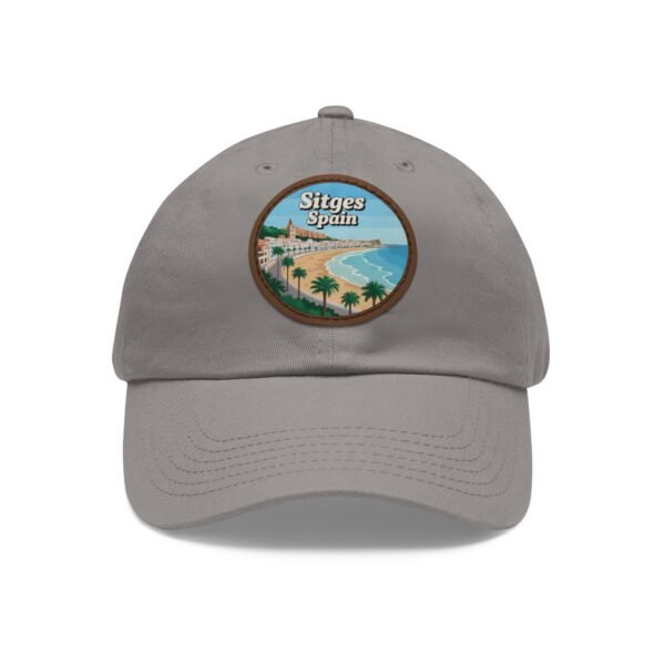 Sitges Spain Hat - Vintage Leather Patch Dad Cap with Coastal Beachfront Design, Adjustable Strapback, Travel Souvenir Gift