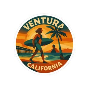 Ventura California Surf Sunset Sticker - Retro Round Beach Decal, Artistic Coastal Vibes, Waterproof Vinyl for Laptops and Bottles