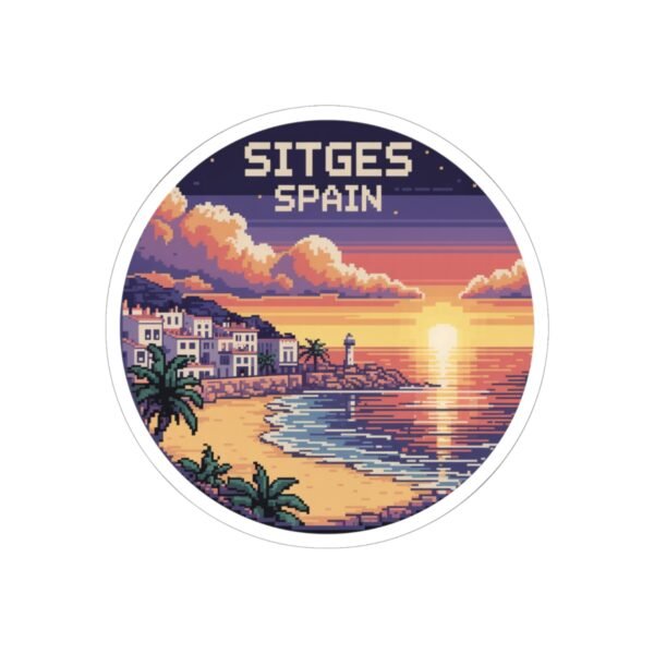Sitges Spain Sticker - Pixel Art Sunset Mediterranean Coast Design, Retro Travel Round Vinyl Sticker for Laptops & Journals