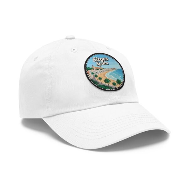 Sitges Spain Hat - Vintage Leather Patch Dad Cap with Coastal Beachfront Design, Adjustable Strapback, Travel Souvenir Gift