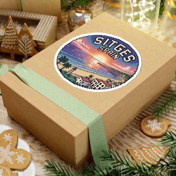 Sitges Spain Sticker - Retro Pixel Sunset Coastal Design, 8-Bit Mediterranean Travel Art