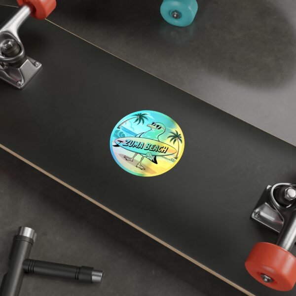 Zuma Beach Holographic Sticker - Cool Seagull Surfboard, Retro Summer Vibes, California Coastal Decor, Laptop & Water Bottle Vinyl Decal