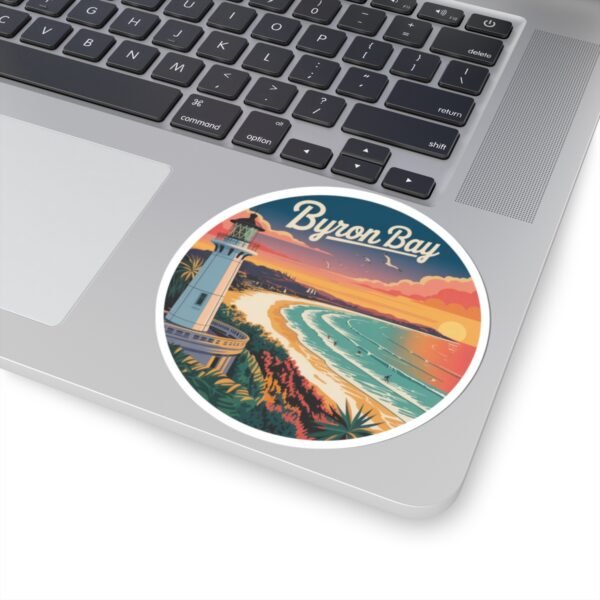 14021095901138734875_1200.jpeg Byron Bay Australia Sticker - Retro Lighthouse Coastal Sunset with Surfers, Ocean Waves & Tropical Beach - Vintage Travel Art