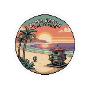 Zuma Beach California Sticker - Pixel Art Sunset Decal, Retro Coastal Surf Design, Cool Ocean Vibes Vinyl Sticker