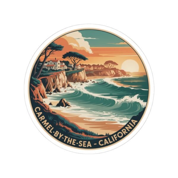 Carmel-by-the-Sea California Sticker - Retro Coastal Sunset Cliff and Ocean Waves Design - Vintage Travel Souvenir Vinyl Decal