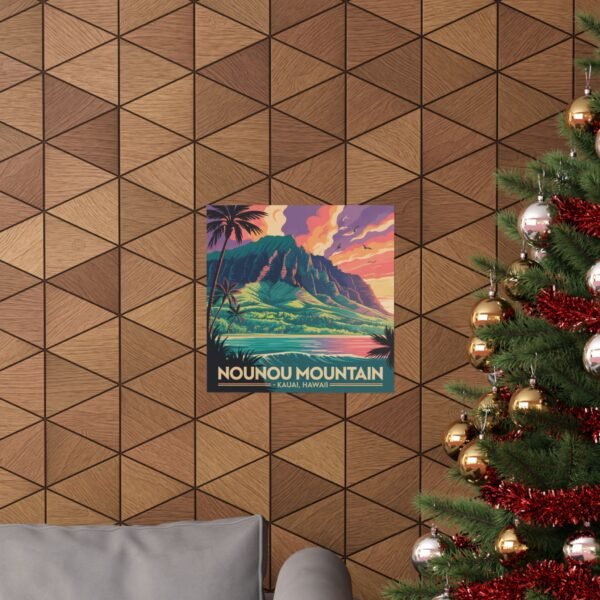 Nounou Mountain Kapaa Hawaii Poster - Retro Travel Wall Art Print of Sleeping Giant - Vintage Coastal Sunset Landscape Decor