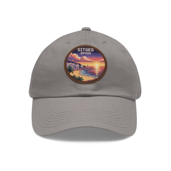 Sitges Spain Hat - Pixel Art Sunset Dad Cap with Leather Patch, Coastal Mediterranean Travel Souvenir