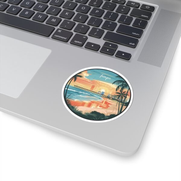 Tampa Florida Sticker - Retro Sunset Beach Design with Palm Trees, Pier and Ocean Waves - Vintage Coastal Travel Souvenir