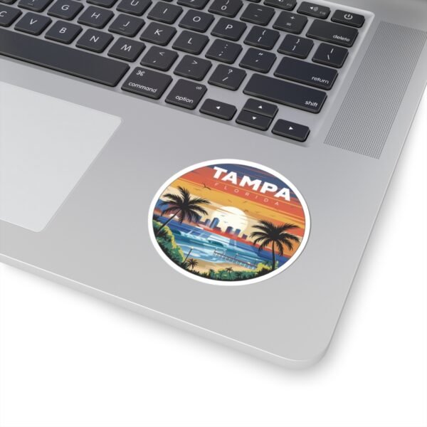 14353326302361448272_1200.jpeg Tampa Florida Sticker - Retro Coastal Sunset with Palm Trees, City Skyline, Ocean Waves & Pier | Vintage Travel Beach Art