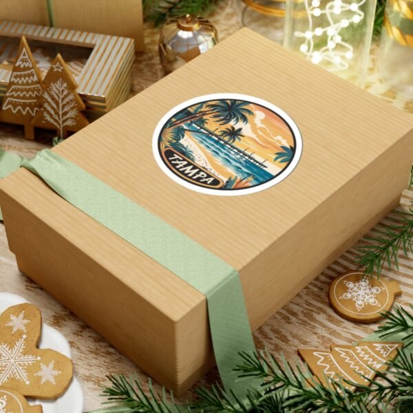 Tampa Florida Sticker - Retro Coastal Pier Art with Palm Trees, Ocean Waves and Sunset Beach Scene - Vintage Travel Souvenir