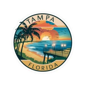 Tampa Florida Sticker - Retro Sunset Beach Pier Design with Palm Trees and Ocean Waves - Vintage Coastal Travel Souvenir Decal