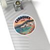 Cadaqués España Round Vinyl Sticker - Retro Coastal Design with Fishing Boats, Mediterranean Village Art, Travel Souvenir