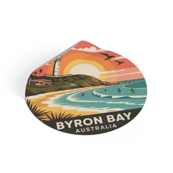 Byron Bay Australia Round Vinyl Sticker - Retro Beach Sunset Design, Coastal Souvenir, Waterproof Surf & Travel Decal