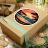 Carmel-by-the-Sea California Sunset Sticker - Vintage Coastal Round Design with Cypress Trees, Ocean Waves & Village Skyline
