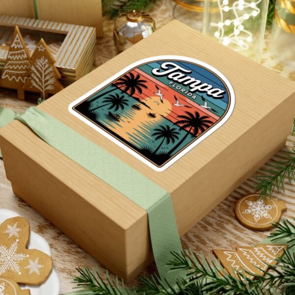 Tampa Florida Sticker - Retro Palm Trees and Boats Sunset Design with Seagulls - Vintage Coastal Travel Souvenir Vinyl Decal